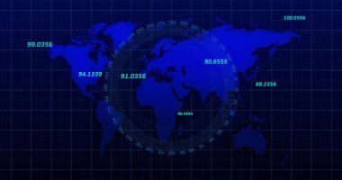 Dünya ve dünya haritasında veri işleme görüntüsü. Küresel finans, iş dünyası, bağlantılar, hesaplama ve veri işleme kavramı, dijital olarak oluşturulmuş resim.