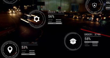 Sokakta arabalarla veri işleyen simgelerin resmi. Küresel dağıtım, gemicilik ve perakende konsepti, dijital olarak oluşturulmuş görüntü.