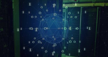 Ai Chatbot simgelerinin karanlık bilgisayar sunucu odasına veri transferi yapan küresel ağ görüntüsü. Ai, bağlantı, veri, iletişim ve dijital arayüz teknolojisi, dijital olarak oluşturulmuş görüntü.