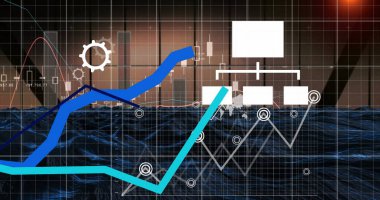 Dijital simgelerin resmi ve mavi dijital dalgaya karşı istatistiksel veri işleme. İş verileri ve analitik teknoloji kavramı