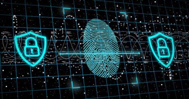 Siyah arkaplandaki ışık yollarının üzerindeki veri işleme üzerinde tarama yapan parmak izinin resmi. Küresel teknoloji, iletişim, bilgisayar ve dijital arayüz kavramı, dijital olarak oluşturulmuş görüntü.