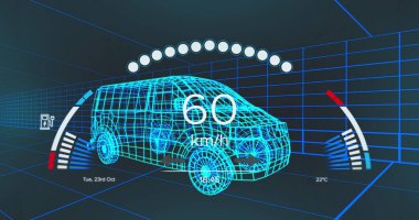 Donanma arkaplanındaki elektrikli minibüs projesinin üzerindeki hız göstergesi. elektrikli araba, yeşil enerji, eko güç, sürdürülebilirlik ve teknoloji konsepti, dijital olarak üretilen görüntü.
