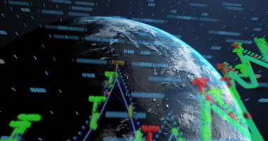 Soyut arkaplanda dönen dünya üzerinde birden fazla grafik, çubuk ve değişen sayıların resmi. Dijital olarak üretilen hologram, illüstrasyon, rapor, iş dünyası, büyüme ve küreselleşme kavramı.