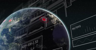 Çoklu grafikler, değişen sayılar, tüm dünyada çizgiler ve daireler. Dijital olarak üretilen hologram, illüstrasyon, rapor, iş dünyası, büyüme, ilerleme ve küreselleşme kavramı.