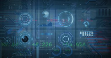 Arka plandaki devre kartı kalıbının üzerinde işlem tahtası olan bilgi arayüzü resmi. Dijital olarak üretilmiş, hologram, küreselleşme, rapor, finans, iş ve teknoloji kavramı.