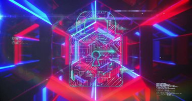 Güvenlik kilidi simgesi, neon ışıklı tünelin üzerinde, pürüzsüz bir şekilde parlıyor. Siber güvenlik ve iş teknolojisi kavramı