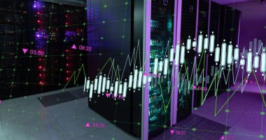 Image of data processing over computer servers. Global business, finance, digital interface, computing and data processing concept, digitally generated image. clipart