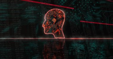 Baş profili üzerinde entegre devre resmi ve siyah arkaplan üzerinde entegre devre. Veri güvenliği ve teknoloji kavramı, dijital olarak oluşturulmuş görüntü.