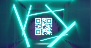 Bilgisayar sunucularında yanıp sönen parlak neon ve qR kodlarının görüntüsü. Küresel bağlantılar, hesaplama, dijital arayüz ve veri işleme kavramı, dijital olarak oluşturulmuş resim.