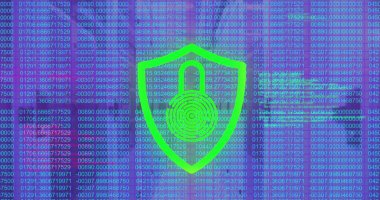 Bilgisayar sunucuları üzerinde veri işleme ve biyometrik parmak izi asma kilidi resmi. İnternet güvenliği, bağlantılar, hesaplama, dijital arayüz ve veri işleme kavramı, dijital olarak oluşturulmuş resim.