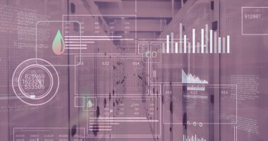 Sunucuların üzerindeki dijital ekranlardaki grafik ve veri işleme resimleri. Ağ, bilgisayarlar, veri işleme ve teknoloji konsepti, dijital olarak oluşturulmuş resim.