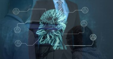 Kafkasyalı bir iş adamı ve kafasında çeşitli doktorların olduğu bir bilgisayar devresi. küresel tıp, sağlık ve bağlantılar konsepti, dijital olarak oluşturulmuş görüntü.