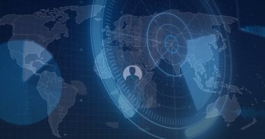 Bağlantı ağı üzerinden simgelerle bağlantı ağının resmi. Küresel bağlantılar dijital arayüz ve dijital arayüz kavramı, dijital olarak oluşturulmuş resim.