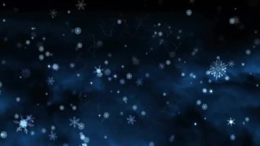 Mavi arkaplandan düşen kar animasyonu. Kış, Noel, şenlik, kutlama ve gelenek konsepti dijital olarak oluşturuldu.