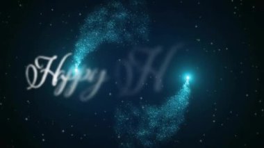 Koyu arkaplanda ışıldayan mavi parçacıklar üzerine Mutlu Bayramlar metin animasyonu. Kutlama, şenlik, kış, kutlama, şenlik sezonu, pırıltı.