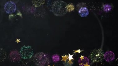 Siyah arka planda renkli havai fişekler ve yıldız animasyonları, ışıl ışıl parlıyor. Kutlama, festival