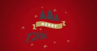 Kırmızı arka planda ağaçların ve yıldızların olduğu mutlu noel metinleri animasyonu. bayram, bayram, selamlama, kış, kutlama, süsleme