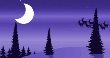Kar taneleri ve ay animasyonu ile karlı arazide uçan Noel Baba kızağı. Noel, kış, tatil, şenlik, gece, büyülü