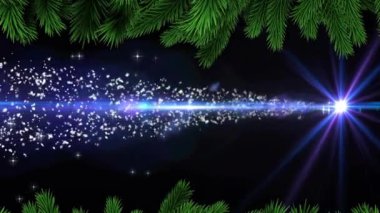 Yılbaşı ağacı dalları kar yağışı ve mavi ışık animasyonu sergiliyor. bayram, kış, şenlik, süsleme