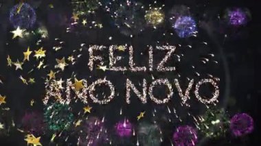 FELIZ ANO NOVO metin ile havai fişekler ve karanlık arka planda yıldız animasyonu. Yeni yıl, kutlama, festival, tatil, gece