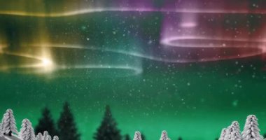 Norhern ışıkları ve kış manzarasının üzerine yağan karın animasyonu. Kış, mevsimler, hava durumu ve arka plan konsepti dijital olarak oluşturulmuş video.