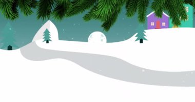 Kış animasyonunda renkli evlerin ve dağların üzerine kar yağar. Kar yağışı, hareketli, rahat, soğuk, mevsimsel