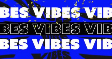 Pembe arka planda konfeti olan animasyon VIBES metni. Kutlama, parti, eğlence, canlı, şenlikli, tipografi