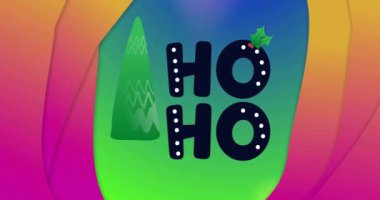 Mavi ve yeşil arka planda noel ağacı olan hoho metni üzerinde turuncu ve pembe şekillerin animasyonu. Noel, gelenek ve kutlama konsepti dijital olarak oluşturuldu.