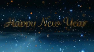 Işıldayan yıldızlar ve altın konfeti üzerine Mutlu Yıllar metin animasyonu. Kutlama, tatil, şenlik, selamlar, havai fişekler, ışıltı