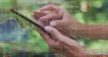 Tablet kullanan beyaz bir kadının mali veri işleme görüntüsü. Küresel iş, hesaplama, ağlar, dijital arayüz ve veri işleme konsepti, dijital olarak oluşturulmuş resim.