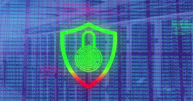 Bilgisayar sunucuları üzerinde veri işleme ve biyometrik parmak izi asma kilidi resmi. İnternet güvenliği, bağlantılar, hesaplama, dijital arayüz ve veri işleme kavramı, dijital olarak oluşturulmuş resim.