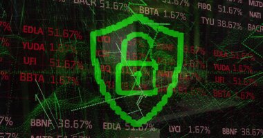 Bağlantılar üzerinden yeşil asma kilit ve veri işleme resmi. Genel çevrimiçi siber güvenlik, bilgisayar ve veri işleme kavramı, dijital olarak oluşturulmuş resim.