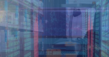 Depodaki veri işleme görüntüsü. Küresel iş ve dijital arayüz kavramı, dijital olarak oluşturulmuş görüntü.