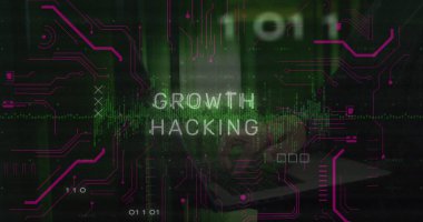 Image of growth hacking text and data processing over hacker using laptop. Global technology, online security and digital interface concept, digitally generated image. clipart