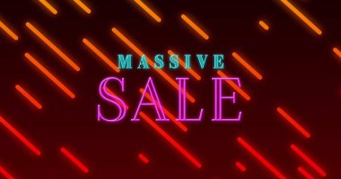 Image of massive sale text and neon lines moving over black background. Shopping, sales, social media, communication, colour, shape and movement concept, digitally generated image. clipart