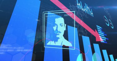 Veri işleme görüntüsü ve mavi arkaplan üzerinde insanlar simgeleri. Küresel iş ve dijital arayüz kavramı, dijital olarak oluşturulmuş görüntü.