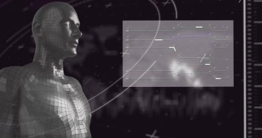 İnsan vücudunda tarama ve veri işleme alanının görüntüsü. Küresel bilim, araştırma, dijital arayüz ve veri işleme kavramı, dijital olarak oluşturulmuş görüntü.