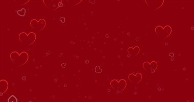 Kırmızı arkaplanda yüzen kalplerin resmi. Aşk, ilişki ve sevgililer günü konsepti, dijital olarak oluşturulmuş görüntü.