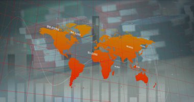 Poker çipleri reklam kartlarına karşı dünya haritasında istatistiksel veri işleme resmi. Kumar ve iş dünyası veri teknolojisi kavramı