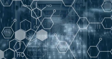 Bilgisayar sunucuları üzerinden bilimsel veri işleme resmi. Tıp, bağlantılar, hesaplama ve veri işleme kavramı, dijital olarak oluşturulmuş resim.