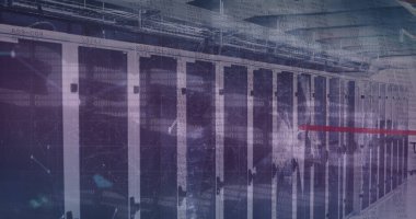 Sunucu odasındaki bağlantı ve veri işleme ağının resmi. Küresel teknoloji, bilgisayar ve dijital arayüz kavramı, dijital olarak oluşturulmuş resim.