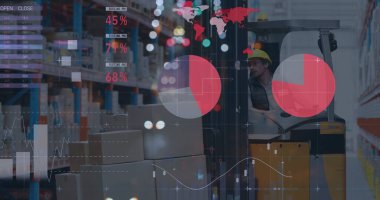 Beyaz erkek depo çalışanı üzerinde grafikler ve finansal veriler. işletme, finans, ekonomi ve paket konsepti, dijital olarak oluşturulmuş görüntü.