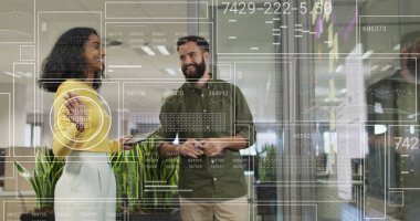 Ofisteki çeşitli iş adamlarıyla ilgili finansal veri işleme resmi. Küresel iş, finans, hesaplama ve veri işleme kavramı, dijital olarak oluşturulmuş resim.