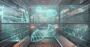 Arayüz ekranlarında DNA, beyin ve tıbbi veri işleme görüntüsü. Küresel bilim, tıbbi araştırma, dijital arayüz ve veri konsepti, dijital olarak oluşturulmuş görüntü.