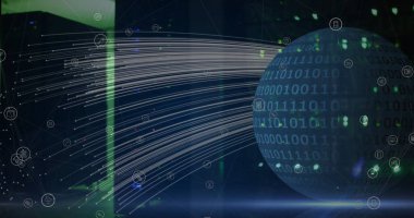 Karanlık bilgisayar sunucu odasına veri akışı aktaran ikili kodlama görüntüsü. Bağlantı, veri, küresel iletişim ve dijital arayüz teknolojisi, dijital olarak oluşturulmuş görüntü.