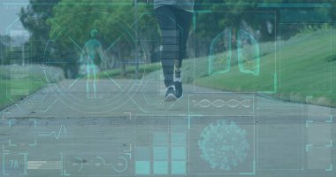 Engelli Afro-Amerikan erkek koşucunun veri işleme görüntüsü. Küresel spor ve dijital arayüz kavramı, dijital olarak oluşturulmuş görüntü.
