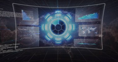 Siyah arkaplanda bulutların üzerinde veri işleme resmi. Küresel internet güvenlik veri işleme bağlantıları ve dijital arayüz konsepti, dijital olarak oluşturulmuş resim.