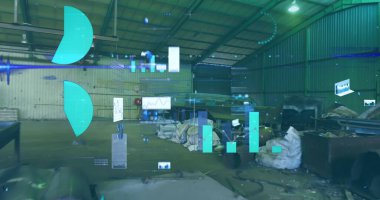 Grafikler ve grafikler üzerindeki veri işleme görüntüsü endüstriyel fabrika içi üzerinde. Küresel iletişim, iş dünyası, veri ve dijital arayüz kavramı, dijital olarak oluşturulmuş görüntü.