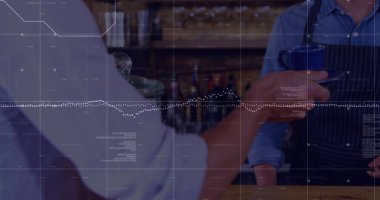 Çeşitli insanların kahve siparişi verirken veri işleme görüntüsü. Küresel teknoloji, finans ve dijital arayüz kavramı, dijital olarak oluşturulmuş görüntü.