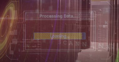 Boş bilgisayar sunucu odasına karşı siber güvenlik veri işleme ve ışık izleri. Siber güvenlik ve iş veri depolama teknolojisi kavramı